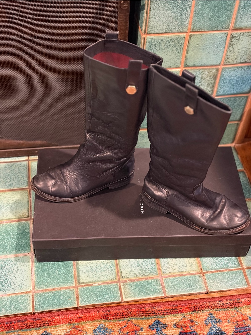 Black Leather Boots with Gold Accent